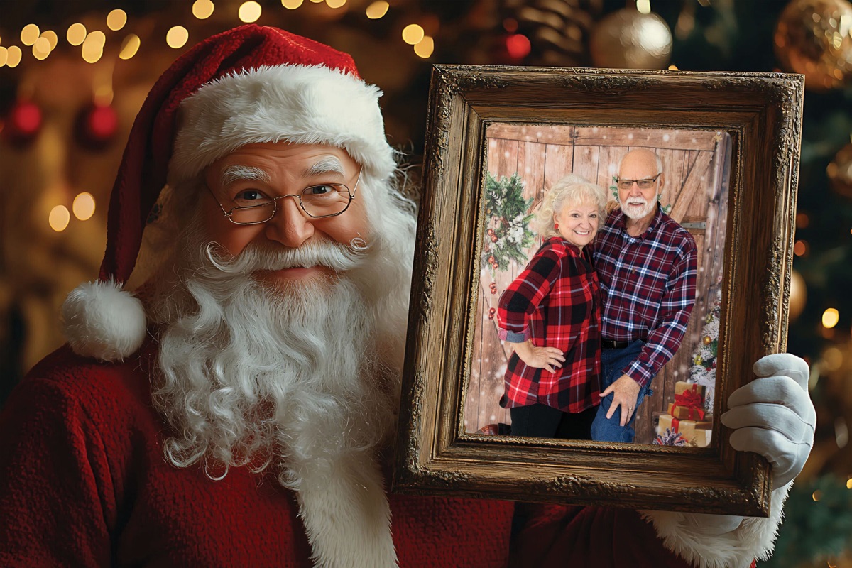 Creative Santa portrait holding a framed photograph of a couple