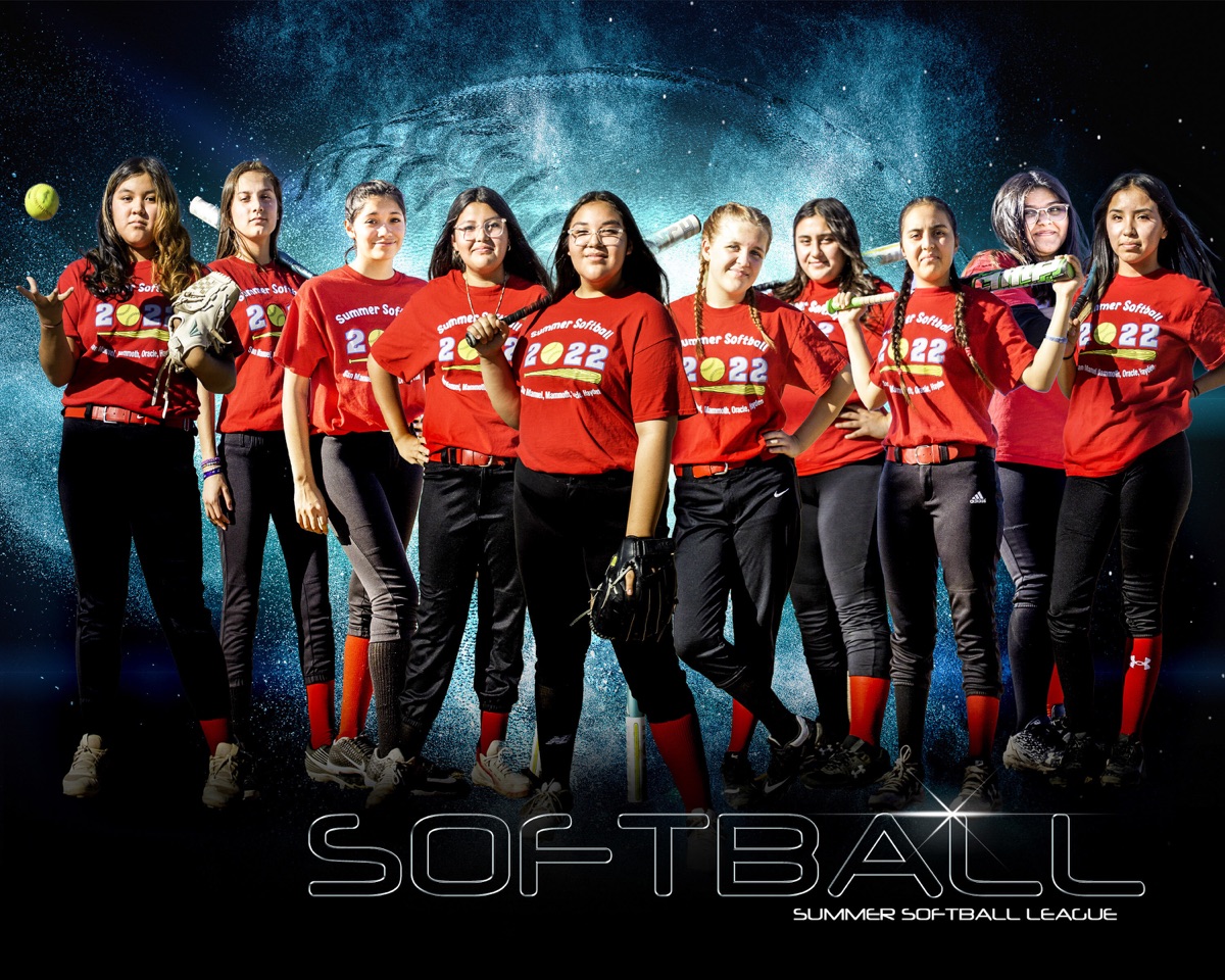 Softball team in red uniforms in a dramatic illuminated composite portrait