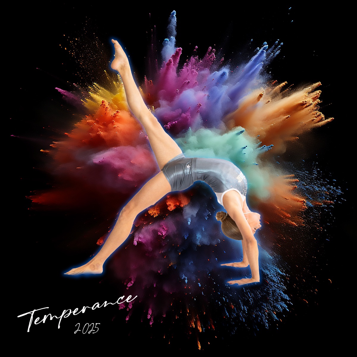 Creative composite of a gymnast leaping through a burst of colored powder