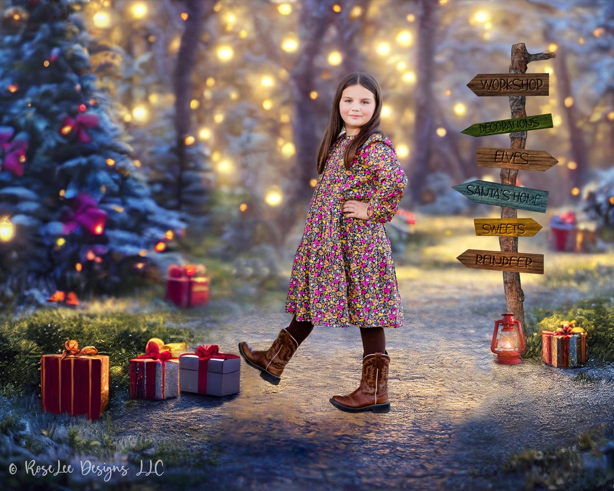 Creative winter woodland portrait with glowing lights